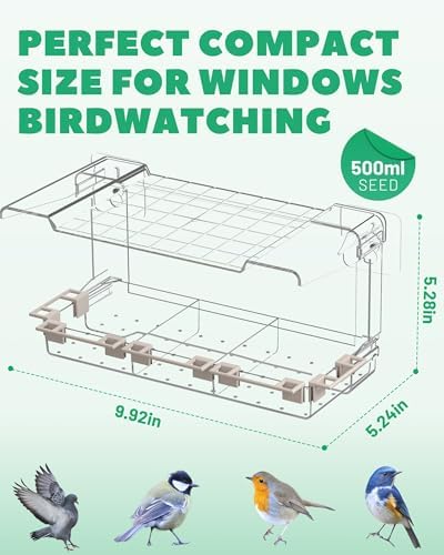Clear Window Bird Feeder Outdoors - Bird Feeder for Viewing with 5 Perching Stands, Self-Adhesive Hooks, Drain Holes and Removable Tray, as a Birdhouse, Garden Decor