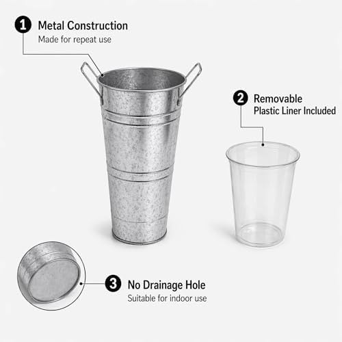Galvanized Flower Bucket Set of 8, 10.6" Tall Metal Floral Buckets with Plastic Liner, 5.9" Top Opening, Tabletop Buckets for Flower Bar, Wedding Centerpieces, Bouquet Display