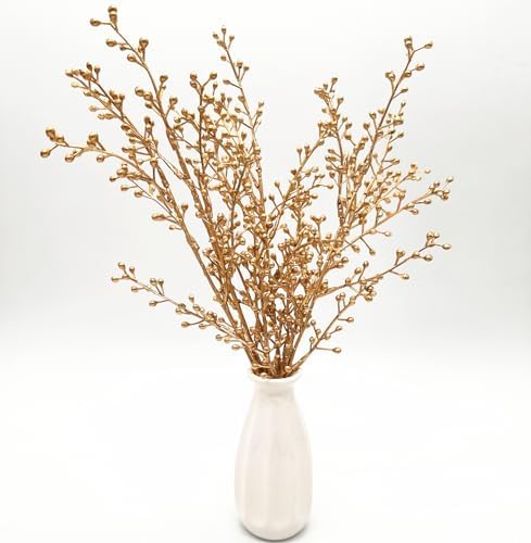 Artificial Golden Berry Stem Decorations, Fake Bead Sticks Picks Plastic Plants for Home Party Christmas Berries Stems Tree Ornaments Wreath Crafts DIY Gift Wedding Bouquet Xmas Decor Gold 6 Pcs