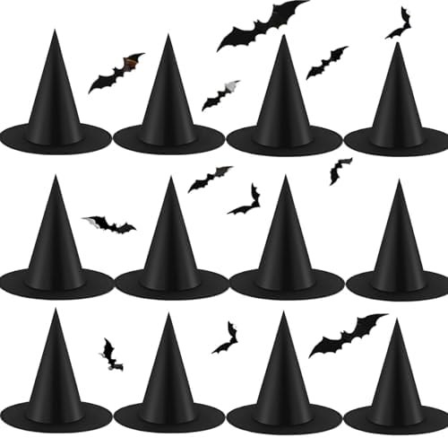 12pcs Halloween Witch Hats + 12pcs 3D Bats Stickers - Costume Accessories for Parties, Cosplay, Carnivals, Holidays