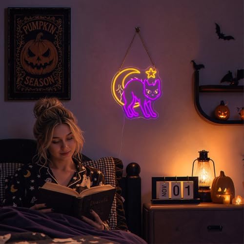 Mystic Cat & Moon Halloween Neon Sign, Dimmable Neon Signs for Wall Decor
