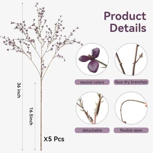 Dry Twig Faux Floral: 5 Pcs 37" Fall Leaves Stems,Branches for Vase