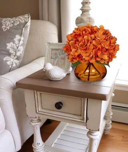 Hollyone Orange Fall Hydrangeas with Vase Indoor Faux Fall Hydrangea Artificial Flowers Decor Silk Fake Flowers Arrangements in Glass Vase Autumn Festival Table Centerpiece Fall Decorations for Home