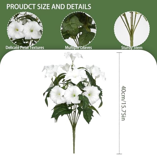 Artificial Flowers for Outdoors, Faux Petunias Spring Summer Decoration, Fake Flowers Plants UV Resistant Look Real Silk Flowers for Outside Planter Front Door Porch Patio Yard (12, White)