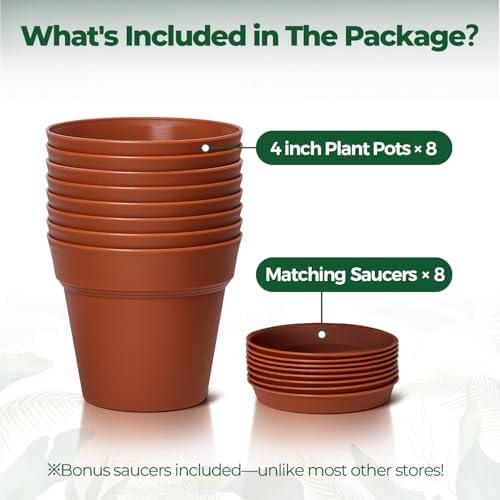 T4U Small Plant Pots 4 Inch 8 Pack, Plastic Indoor Flower Pots Saucer