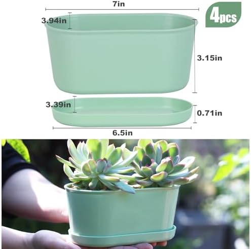 Oliz Set of 4 Green Oval Window Sill Planters with Drainage Holes and Trays（7 Inch） for Herbs Basil Orchids Succulents, Modern Herb Garden Planter for Indoor/Outdoor Plants