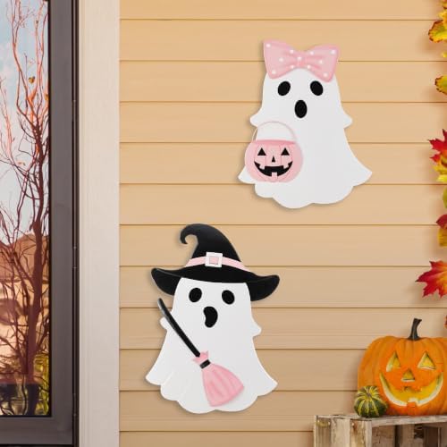 Glitzhome Halloween Ghost Yard Sign Set of 2, Cute Outdoor Ghost with Witch Broom & Pink Bow Pumpkin Outdoor Decorations, Halloween Metal Garden Stakes for Halloween Fall Autumn Lawn Decor