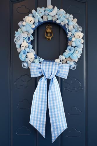 2 Pack Blue White Plaid Wreath Sash Front Door Decoration, Blank Sashes Patriotic July 4th Summer Holiday Party Bow Ribbon Bundle Indoor Outdoor Farmhouse
