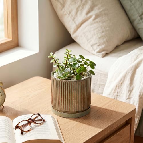 4 Inch Pots for Plants, Ceramic Plant Pots with Saucer, Retro Brown