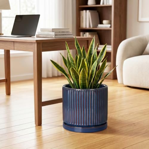 Ceramic Planter, 10 Inch Plant Pots with Saucer, Retro Blue