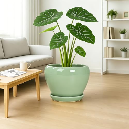 Deep Dream 10 Inch Plant Pot- Ceramic Planter Pot Round Plant Pots for Indoor Plants Outdoor Large Flower Pot with Drainage Holes & Trays, Mint Green