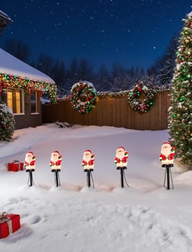 5-Pack Commercial-Grade Christmas Pathway Stakes - 15.98" Tall Santa Holding Bell Stake Lights with Heavy-Duty C7 LEDs, Waterproof for Pro-Level Yard Decor