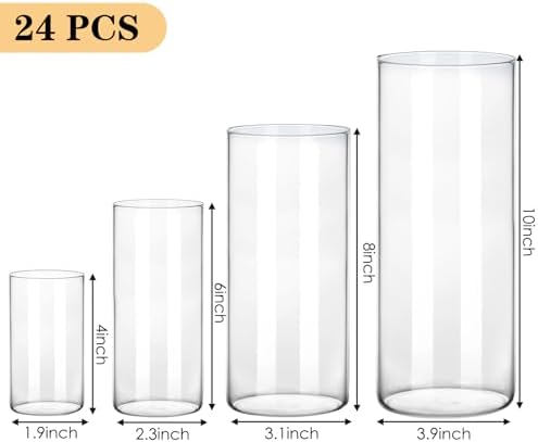 Fixwal 24pcs Clear Glass Cylinder Vases, 4, 6, 8, 10 Inch Tall