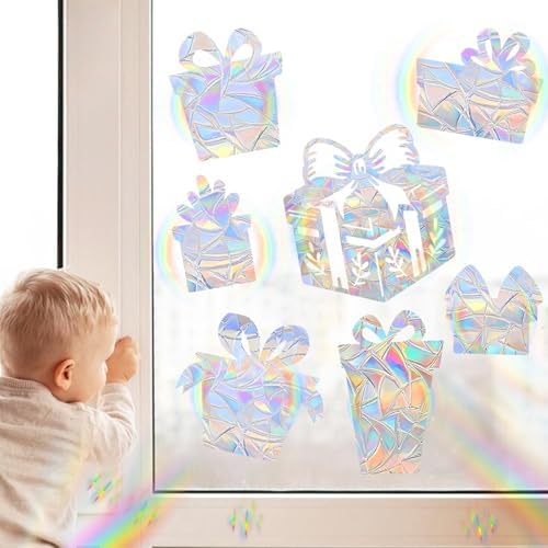 28PCS Thanksgiving Christmas Gift Box Window Clings Non Adhesive Rainbow Clings for Glass Window Decals to Prevent Bird Strikes Anti Collision Window Bird Stickers, Rainbow Sticker