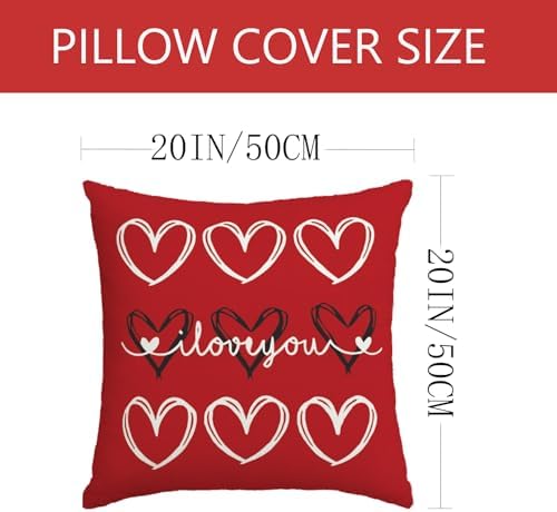Valentines Day Decorations-Valentine Pillow Covers 20x20 Set of 4, Red Hearts I Love You Happy Valentine's Day Throw Outdoor Pillow Covers Anniversary Wedding Cushion Case for Home Sofa Couch Decor