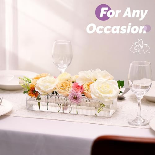 3 Pack Leak-Proof Wave Design Rectangular Flower Vases For Centerpieces - 24" Clear Flower Rectangle Vase as Floral Centerpieces for Tables, Long Flower Vase with 12 Holes as Flower Arrangement Holder