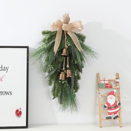 Artificial Christmas Swag with Bells and Bow, 20 Inch Norfolk Pine Teardrop Garland, Christmas Pine Needle Wreath for Door Window Mantle Fireplace Wall Indoor Outdoor Home Decor (Green)