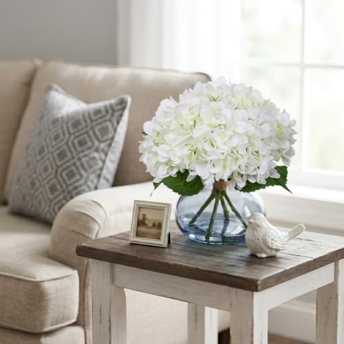 Hollyone White Hydrangea Artificial Flowers with Glass Vase Silk Faux Flowers Arrangements with Faux Water in Blue Vase Fake Floral Bulk Bouquet for Home Decor Table Centerpiece Decorations