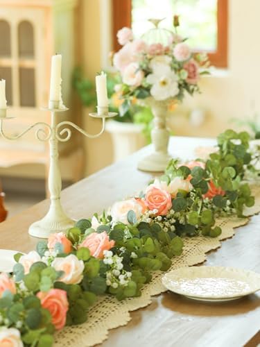 6FT Artificial Eucalyptus Flower Garland with Pink Roses & Baby's Breath