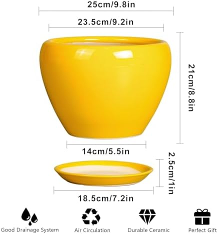 Ceramicfor Ceramic Planter - 10 Inch Plant Pot for Indoor Outdoor Plants Glaze Modern Round Planter with Drainage Hole and Saucer for Garden Office Home Room Patio Decor, Yellow