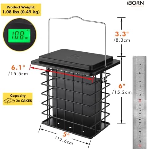 iBorn Double Suet Feeder for Outside Hanging,Weatherproof Suet Feeders,Suet Holder with Taller Grid for Woodpecker, Suet Cage Bird Feeders for Outdoors,Easy to Clean & Refill,All Metal,Black