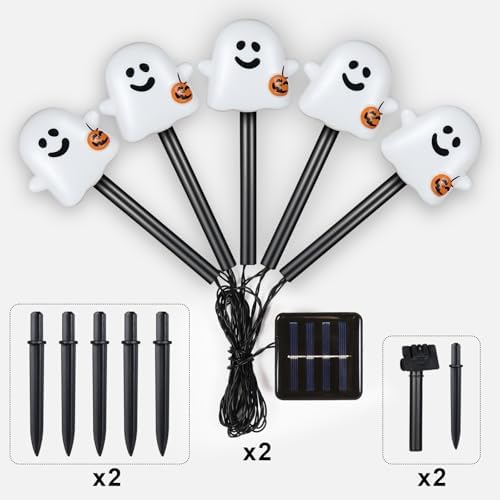 BRIGHTDECK Solar Halloween Ghost Pathway Lights, 10 Pack Ghost Stake Lights with Pumpkin Design, Durable Waterproof Outdoor Halloween Decoration for Garden, Walkway, and Yard (Cold White)