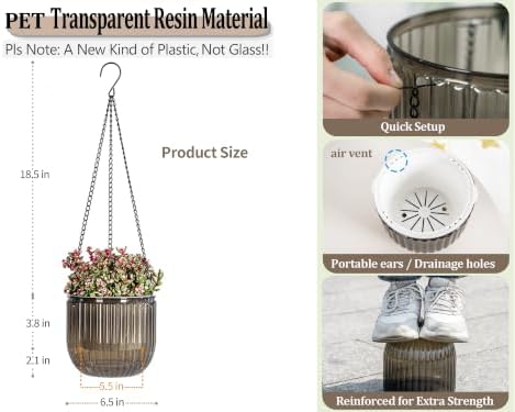 Melphoe 2 Pack Self Watering Hanging Planters Indoor Flower Pots, 6.5 Inch Outdoor Hanging Plant Pot Basket, Plant Hanger with 3Hooks Drainage Holes for Garden Home (Gray)