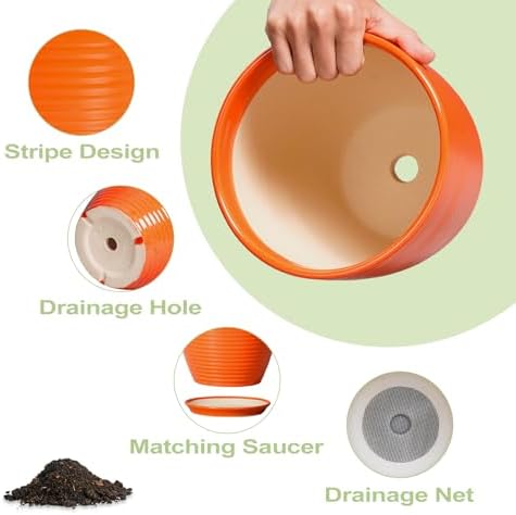 6 Inch Ceramic Plant Pots with Drainage Hole and Saucer, Orange