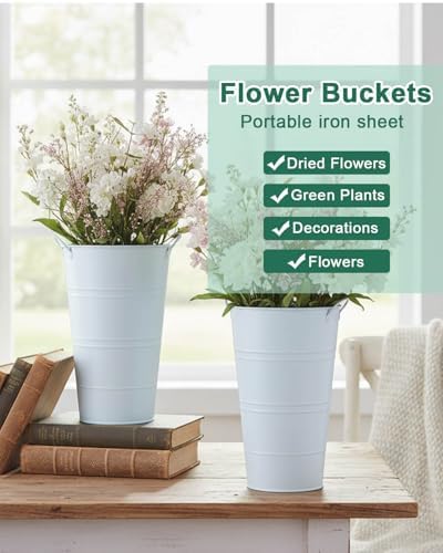 12 Inch Galvanized Metal Vase, 6 Pack Tall Flower Buckets with Handles
