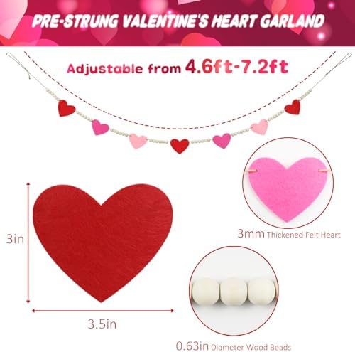 CESOF Valentines Garland Decorations, Hanging Felt Hearts Heart Garland