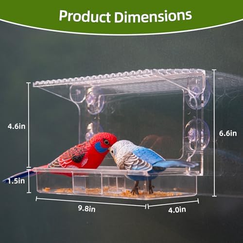 Window Bird Feeder with Strong Suction Cups – Flat-Tile Roof Acrylic Bird Feeder for Outdoors, Clear Viewing Box for Wild Birds & Cats, Easy-to-Clean, Large Capacity, Transparent Birdhouse Feeder