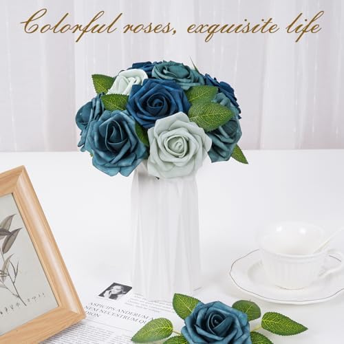 BLEUM CADE 16Pcs Artificial Flowers Fake Foam Roses with Stems for Wedding