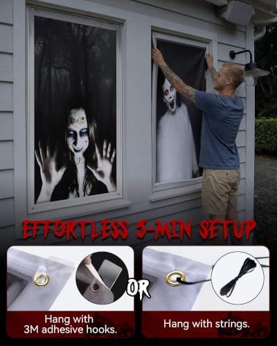 2pcs Halloween Window Cover Decor, Scary Ghost Curtain Outdoor