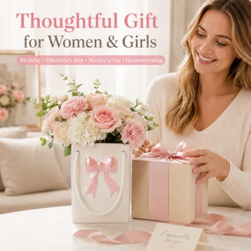 Pink Bow Handbag Flower Vase 7.16 Inch Ceramic Purse Vase Hanging Coquette Decor Valentine Centerpiece for Table Shelf Living Room Women Girl Gifts