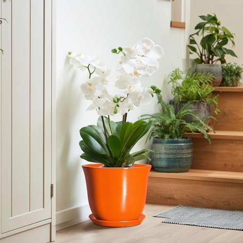 10 Inch Plant Pot, Ceramic Pots for Plants with Drainage, Orange