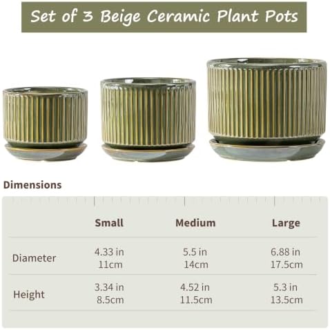 SURE YUESI Ceramic Plant Flower Pots for Indoor Plant, 4.33"+5.5"+6.88", Set of 3, Orchid Pot with Drainage Hole, Saucer and Hole Mesh Pad for Succulents, Herbs and African Violet (Light Green)