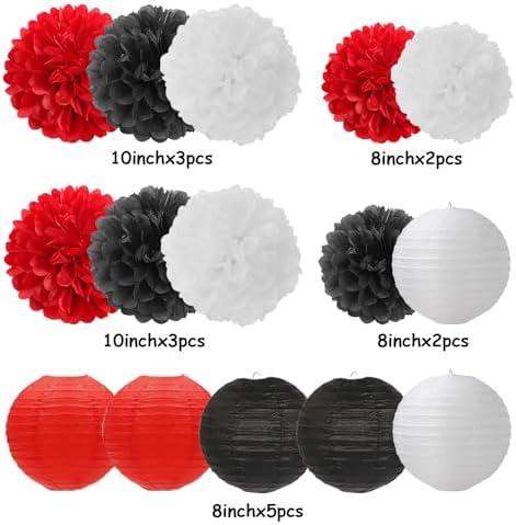 Red-Black White Party-Decorations Paper Flowers Lanterns - 15PCS Halloween Birthday Tissue Pom Poms Streamers,Wedding Baby Bridal Shower Hanging Supplies Decor Hugfond