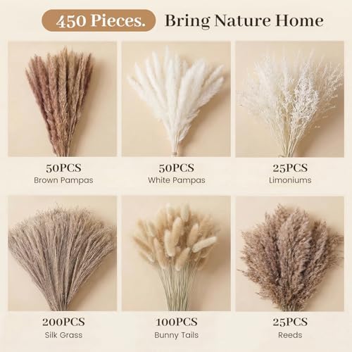 JOHOUSE 450PCS Natural Dried Pampas Grass Decor
