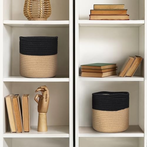 MEGASKET Wicker Plant Basket Indoor, 8"x8"x8" Jute Spliced Cotton Rope Basket Planter up to 7" Pot, Modern Woven Flower Tree Pots Cover, Small Floor Indoor Planters, Home Decor Storage Bin