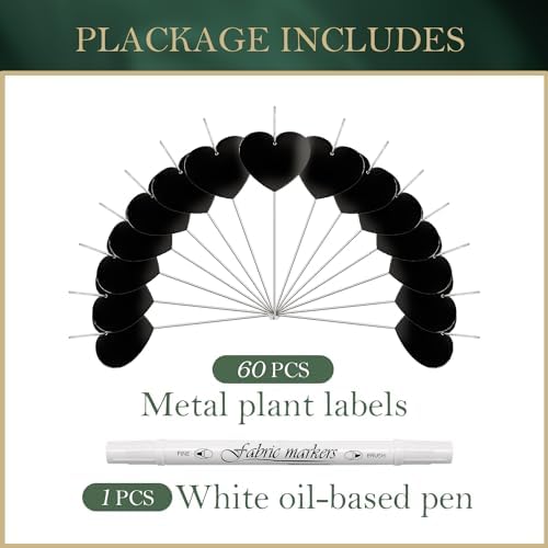 60-Pack Iron Metal Heart Shaped Garden Markers Weatherproof Metal Plant Labels Large Planting Seedling Stake Signs, for Seedlings Herbs Vegetable Greenhouse Gifts with White Marker Pen Labels