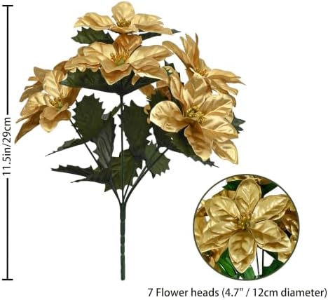 3 Pack Artificial Poinsettia Bushes – 9.8" Faux Gold Poinsettia Bouquets with 7 Heads Each, Christmas Artificial Flowers for Holiday Tree, Table Centerpiece, Indoor Outdoor Décor, DIY Table Runner
