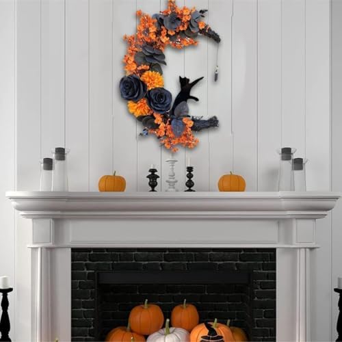 Halloween Wreath with Lights, Crescent Moon Cat Wreath for Door