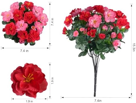 Artificial Fake Outdoor Flowers Plants, Faux Silk Camellia Bundles UV Resistant No Fade Realistic for Planter Pot, Outside Porch Patio Balcony Garden Yard Home Decoration, 3 Large Bundles(Melon Red)