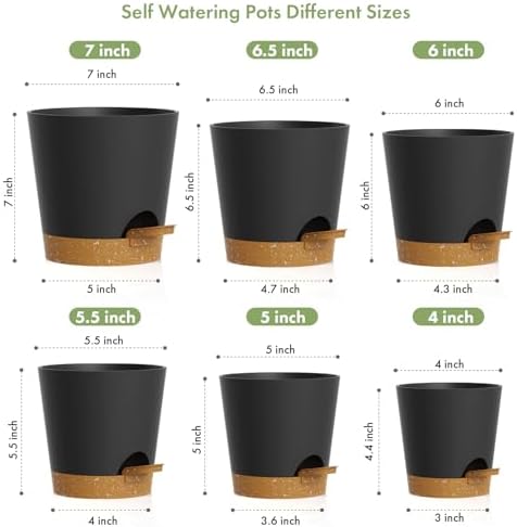 WSMKSZ 7/6.5/6/5.5/5/4 inch Self Watering Pots for Indoor Outdoor Plants, 6 Pack Plastic Flower Planters with Drainage Holes and Removable Saucers, Plant Pots with Wicking Rope, Black Brown