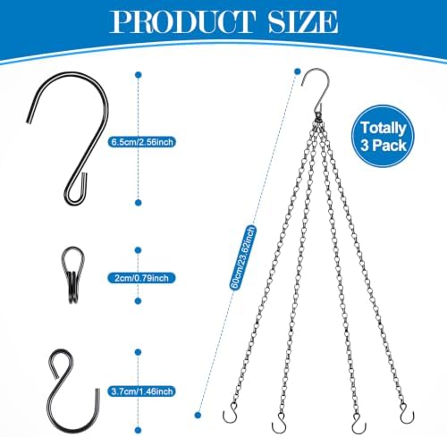 Oligei 3 Pack Hanging Basket Chain, Black Planter Hangers with Hooks, 23 Inch Long Hanging Plant Chain, 4 Point Replacement Chains for Hanging Baskets, Bird Feeders and Lanterns