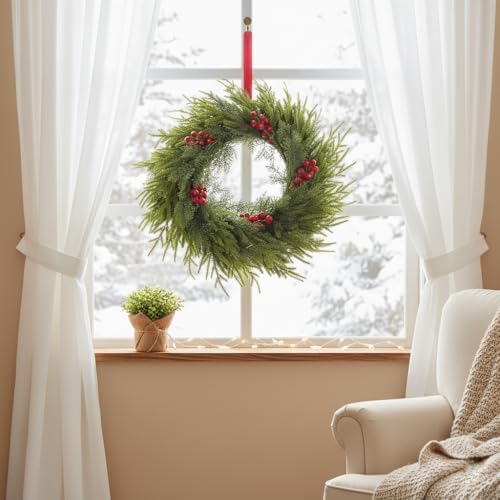 Christmas Wreath, 24" Wreath for Front Door with Hanger, Artificial Pine Wreath with Berries, Farmhouse Christmas Decorations for Indoor Outdoor