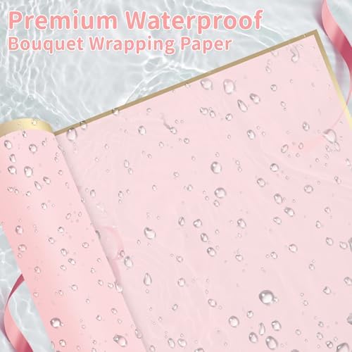 52Pcs Flower Bouquet Wrapping Paper Accessories Kit, 20 Sheets Pink Waterproof Floral Wrapping Paper, 12 Gold 12 Pink Butterflies, 5 Cards, 1 Ribbon, 1 Letter 1 Rhinestone Sticker (Gold Edge)