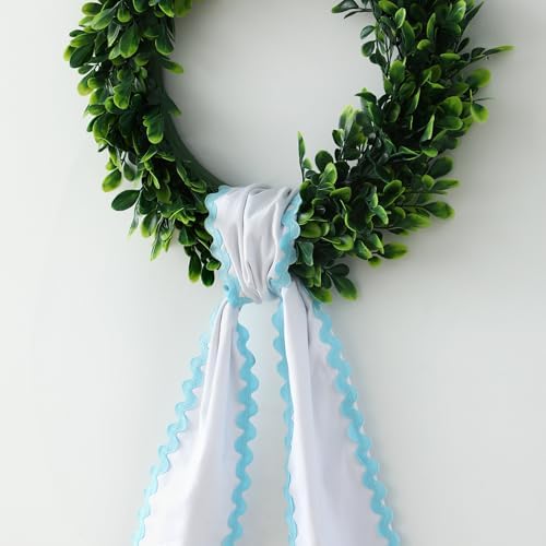DYSHAYEN Wreath Sash for Front Door, White with Blue Trim
