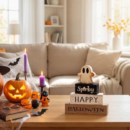 Smile Halloween Wooden Block Decor Set Ghost Pumpkin Spooky Tabletop Signs