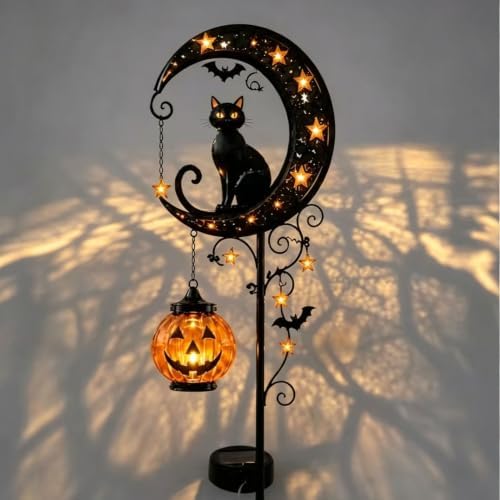 Solar Halloween Black Cat Pumpkin Moon Garden Stake Light, Halloween Lamps